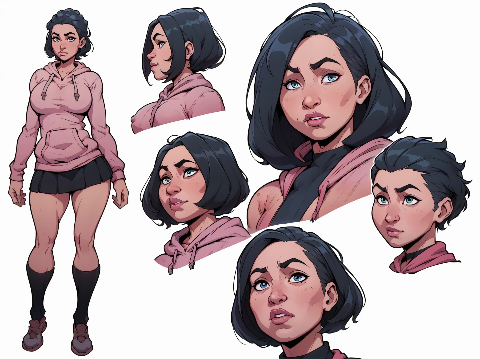 mari, wide hips, black hair, 1girl, cms, (longer wavy haircut, curly hair), k4r3nh41r, exaggerated inflated legs, 4k, highly details, (((tiny breasts))), ((wearing a casual loose hoodie and short skirt)), sensual, 4k, highly detailed face, perfect skin, detailed face, focus on eyes, anatomically correct, ((((reference sheet, simple white background, (multiple views), (full body), dynamic pose,,))))