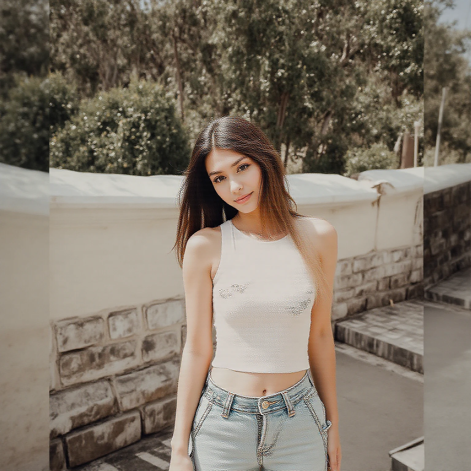 ((Realistic lighting, Best quality, 8K, Masterpiece: 1.3)), Clear focus: 1.2, 2girl, Perfect Figure: 1.4, Slim Abs: 1.1, ((Dark brown hair)), (see through shirt crop top and tight jean: 1.4), , , Super fine face, Fine eyes, Double eyelids, woman sittingposing for the camera in a sunny modern living room a portrait inspired by Gina Pellón, instagram, tachisme, violet myers, lorena avarez, olivia culpo, alanis guillen, looks like laura barriales, portrait sophie mudd, tanned ameera al taweel, beautiful mexican woman