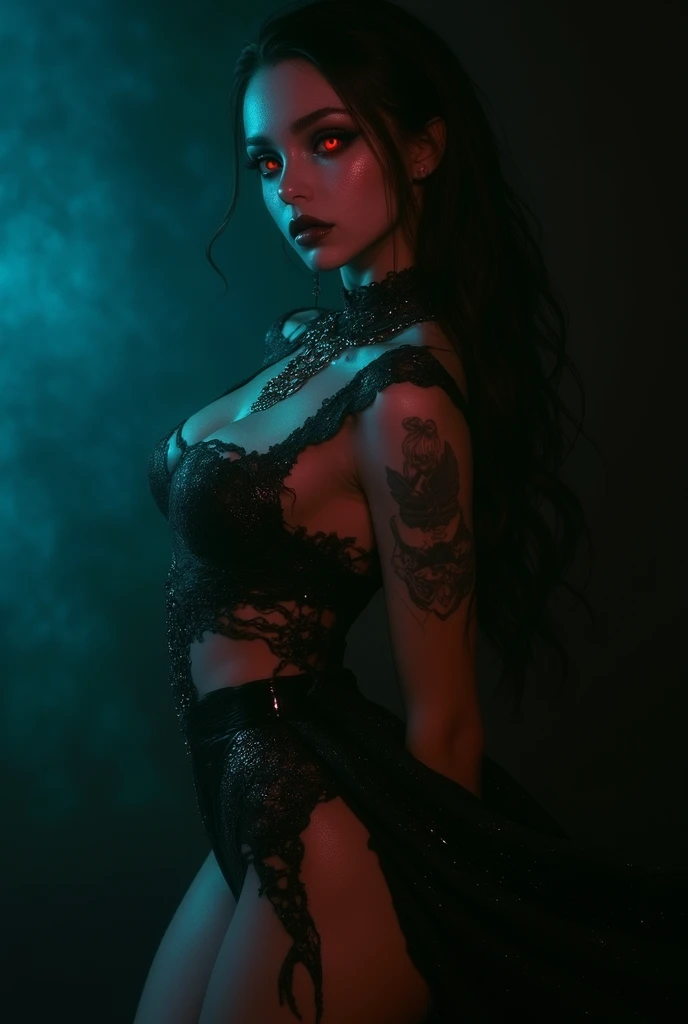 Create a hyper detailed photograph of a nightmare before Christmas tattoos young stunning gorgeous sexy sally Skellington, Stunningly perfect gorgeous face, perfect skeleton make up, detailed vibrant eyes, long hair,detailed perfect beautiful legs, detailed perfect beautiful arms, realistic torso, detailed pale silky smooth skin, detaile perky breast, perfect round ass, transparent strappy lace lingerie, facing backwards looking forward, ((Lots of neon consecration)),