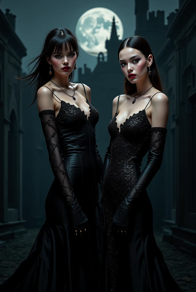 Two vampire girls, one with brown hair and the other with wavy black hair, In a ruined city 