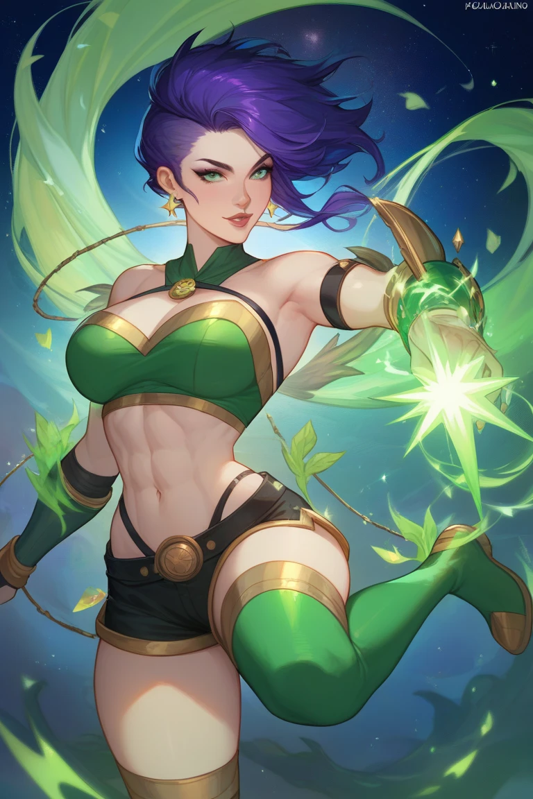 Create a character, a beautiful girl, cute face, light green short hair, wearing green and gold short suit,bikini, large breast, holding a knife, fire background