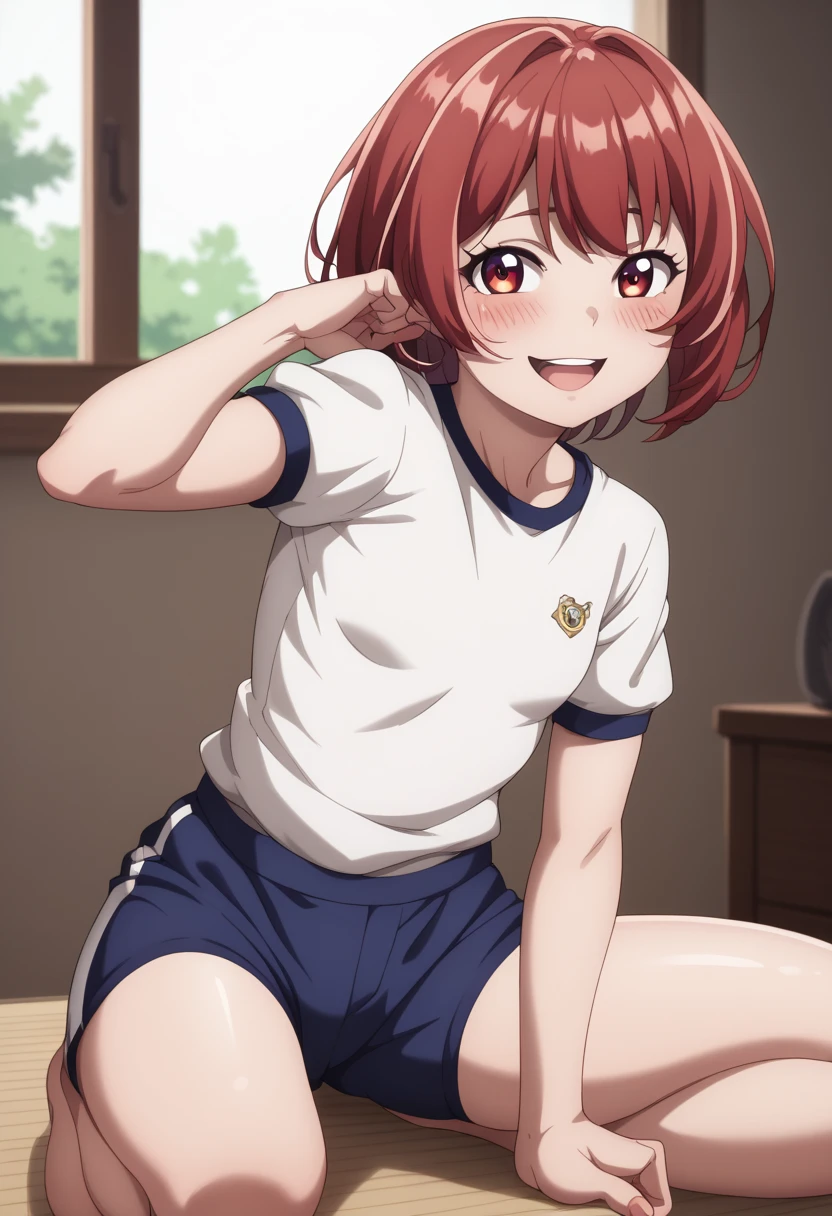 score_9, score_8_up, score_7_up, 1girl, solo, yuusaki riko, yellow eyes, brow hair, medium hair, spiked hair, taisoufukuN, gym uniform, blue short, sitting on couch, nervous, smile, looking at you, hall