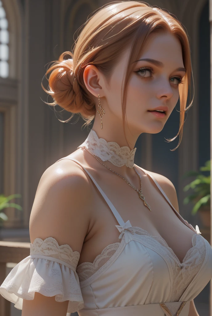 realistic, natural light, photo, Braid hair with bun, portrait, beautiful model, white shirt Unbuttoned, Stunning beautiful face visible Through Hip Joint, Price Tags