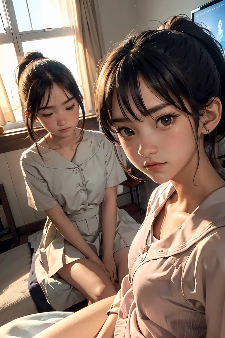 A quiet sexy beautiful with black hair and round face sitting on a chair --auto