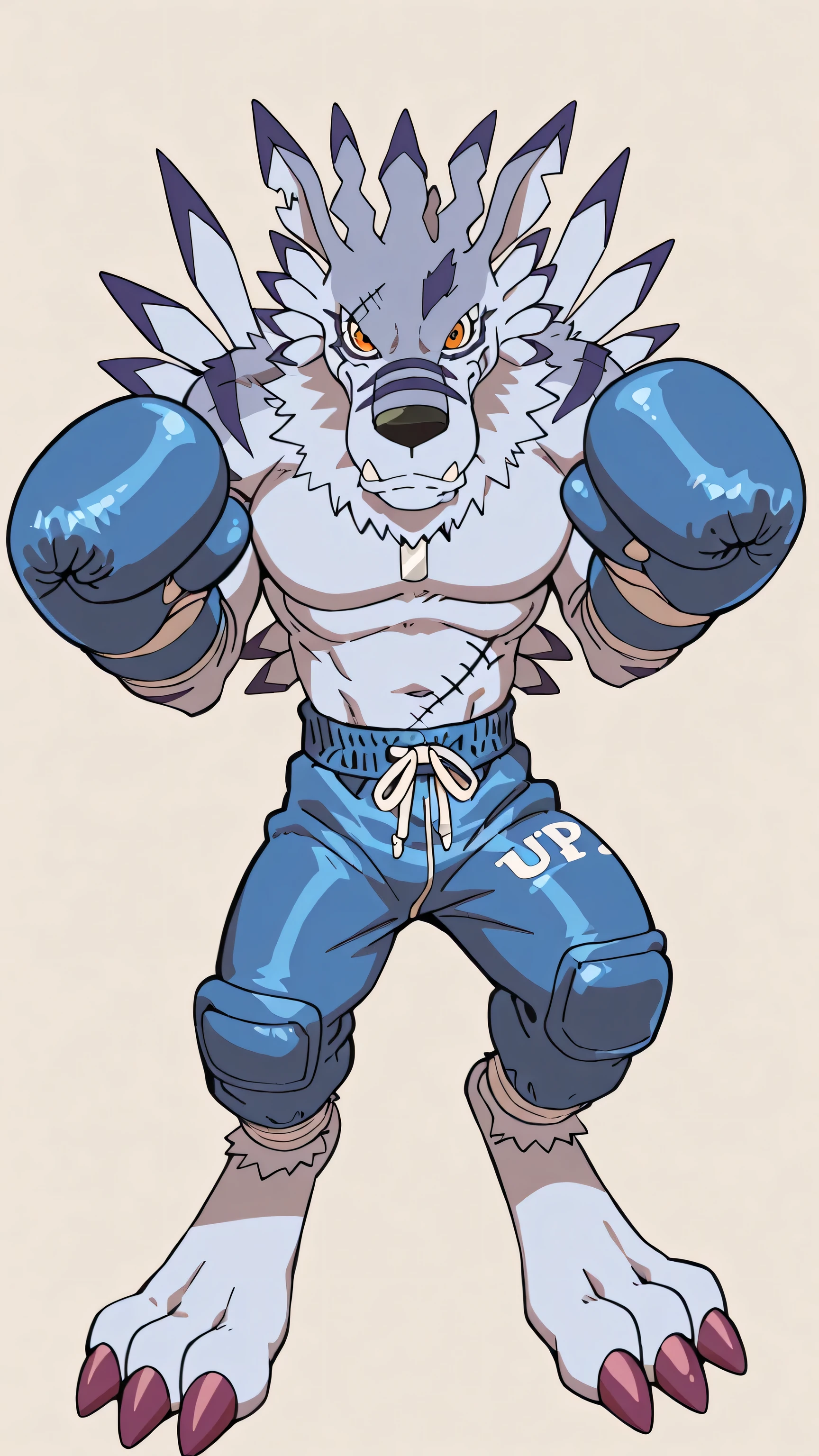 weregarurumon, weregmonil, anthro, male, wolf, light blue fur, orange eyes, dark blue stripes, solo, simple background, high quality, score_9_up, score_8_up, pov_boxing, boxing trunks, dynamic, boxing gloves, blue boxing gloves, boxing stance, looking at viewer, bare feet, full body, purple claws