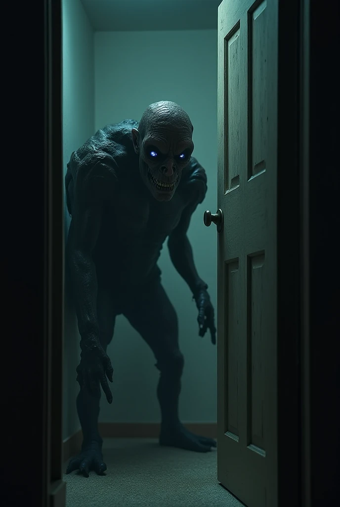 (photorealism:1.2), terrifying alien, outside , knocking on my bedroom window, In the darkness of the night , horror atmosphere