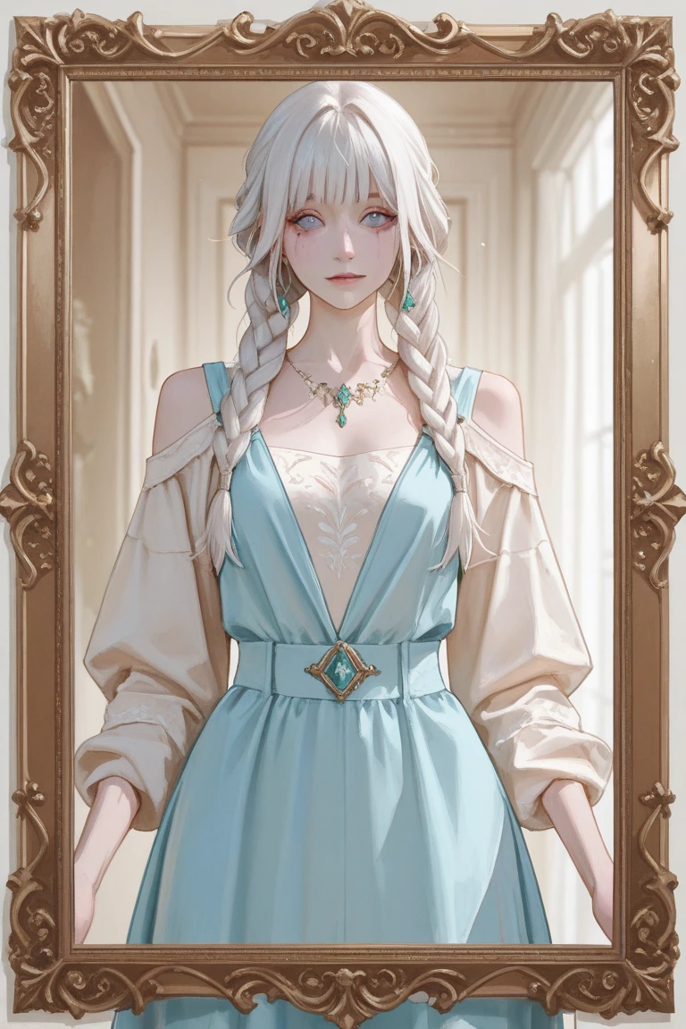 The woman has blue, realistic eyes
