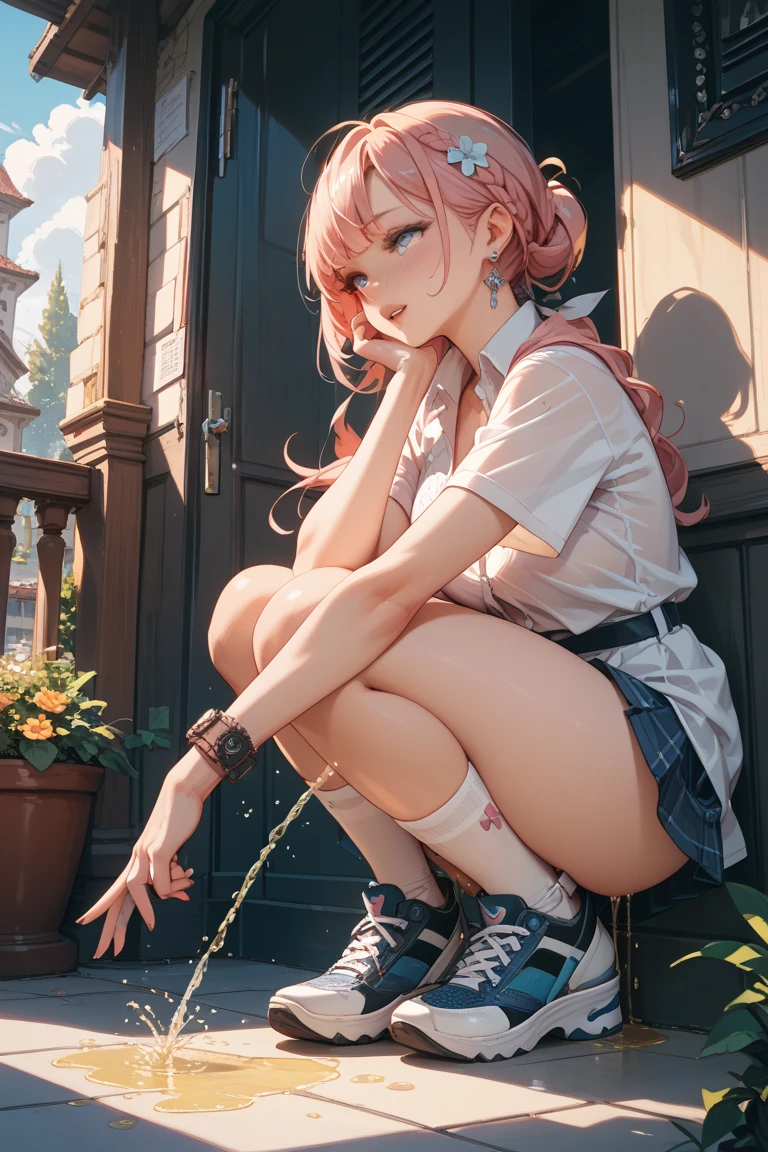 (hyper qualit+The picture is delicate)Girl wearing a white shirt,Hair dyed pink,White shorts under her,(The clothes on his body splashed,Barefoot,Look ahead,What to expect)The clothes were simple and torn,Sitting quietly on the ground facing me ,Confused eyes