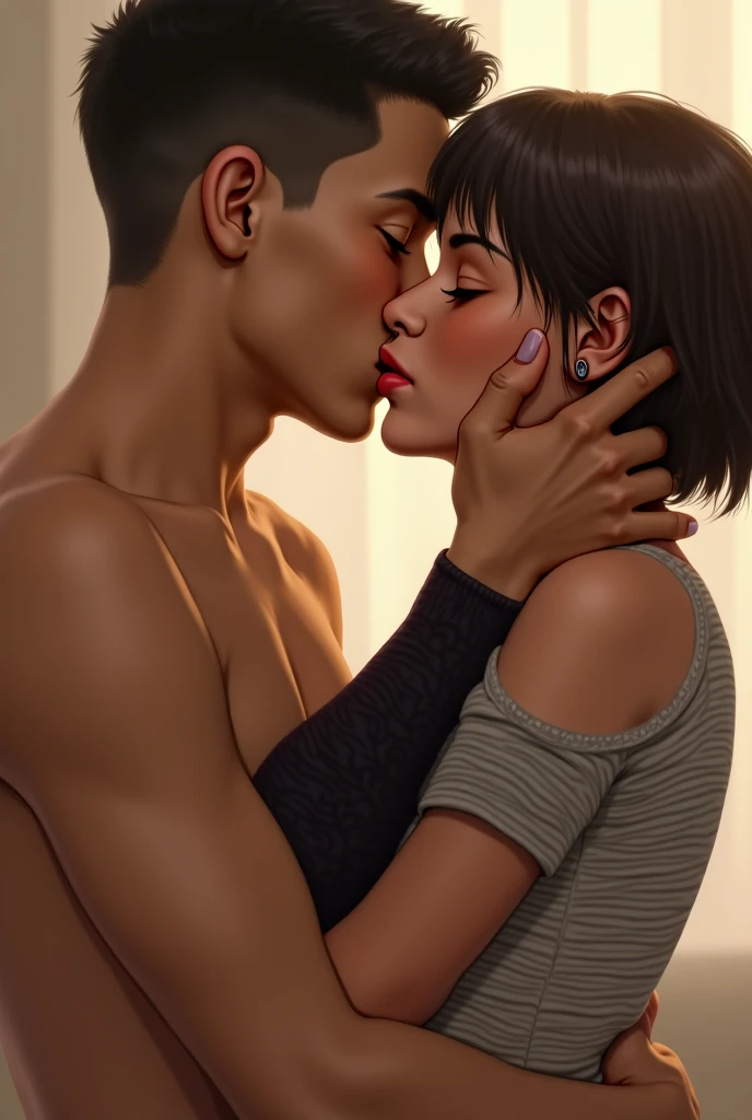 Amazing portrait of a cute goth woman with her short black hair in a bob hairstyle with heavy eyeliner around her eyes wearing an off shoulder t shirt that is orange and black with black bra straps kissing and making out passionately with a shirtless boy on the bed in an intimate setting