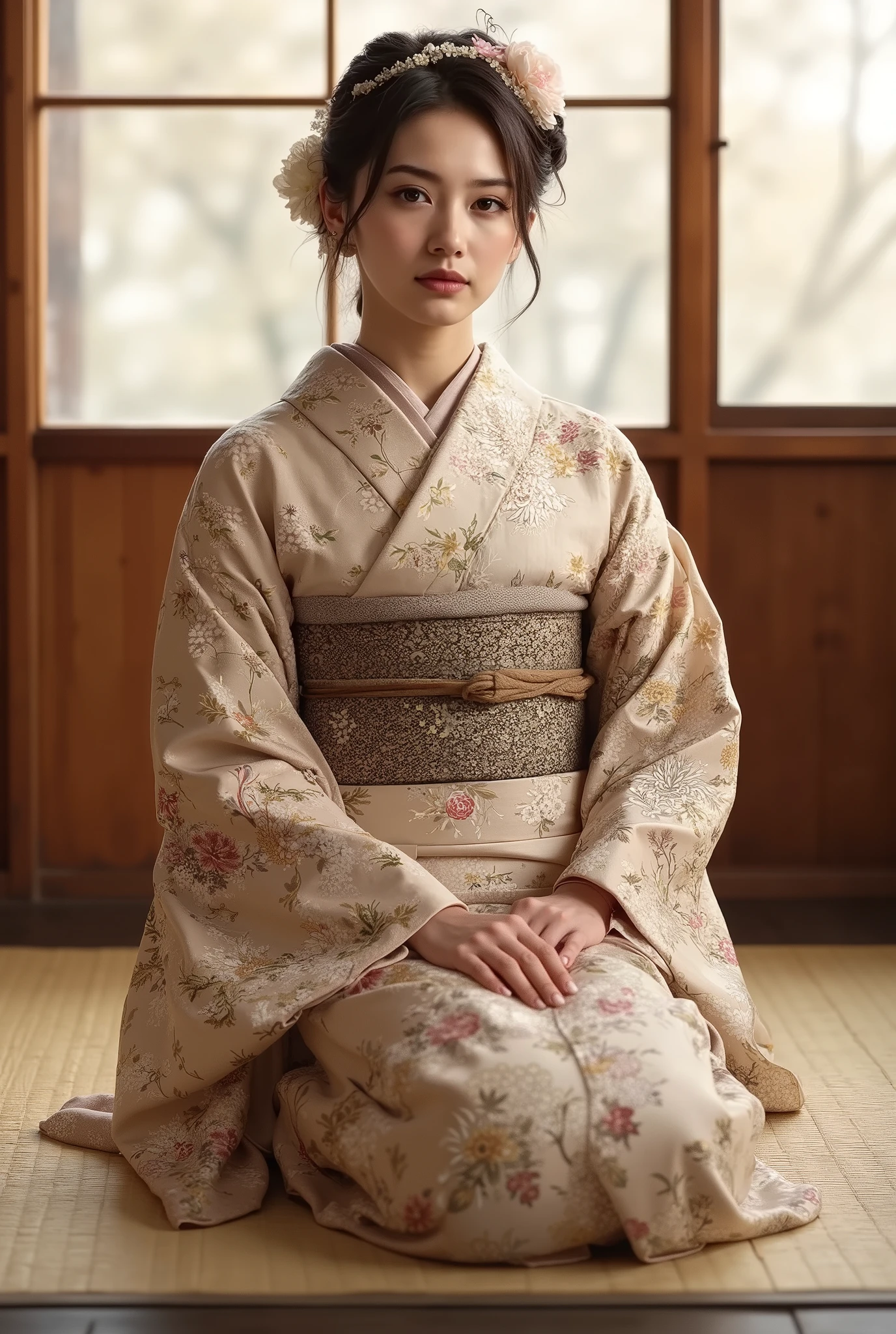 a sensual and beautiful French girl in a kimono seated on tatami floor, detailed facial features, elegant posture and expression, 5K, highly detailed, photorealistic, intricate folds of kimono, delicate patterns, natural lighting, warm color palette, traditional Japanese interior, wooden beams, tatami mat texture, calming atmosphere