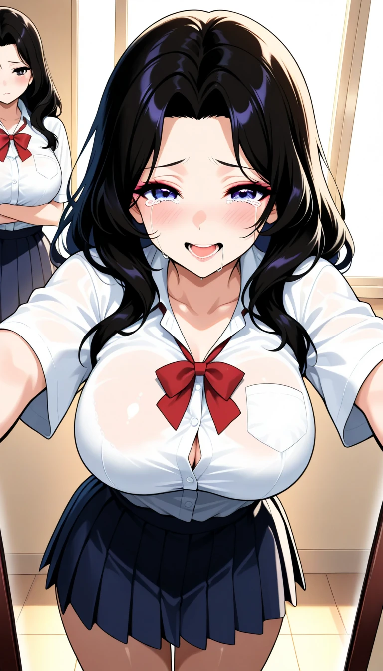 Black bob hair、high school girl、on the train、、A girl is gazing at her big breasts while shaking them、Grin、Pinching pink nipples、Put your chest close、Right boob near mouth 、Surrounded by several office workers