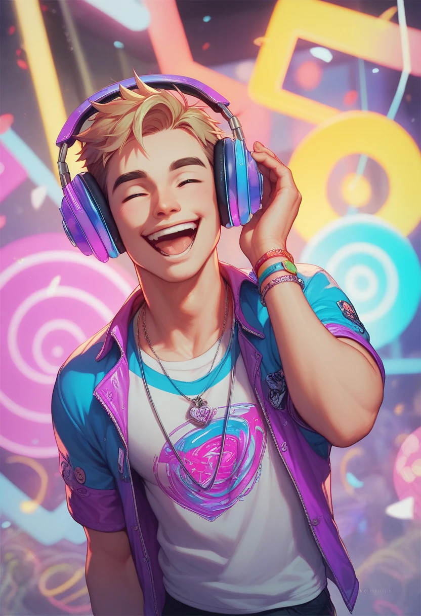 best quality, masterpiece, male DJ, medium length middle parting rainbow colored hair, headphones around neck, muscular, excessive brown public hair, energetically dancing behind mixer and turntable, another handsome man sucks his penis, fellatio, crowd in the background hands up happily cheering him on, laser lights and RGB spotlights in the background, sexy, gay, homoerotic, ambient lighting, extremely dramatic shadows, perfection, no watermark, no logo, no signature