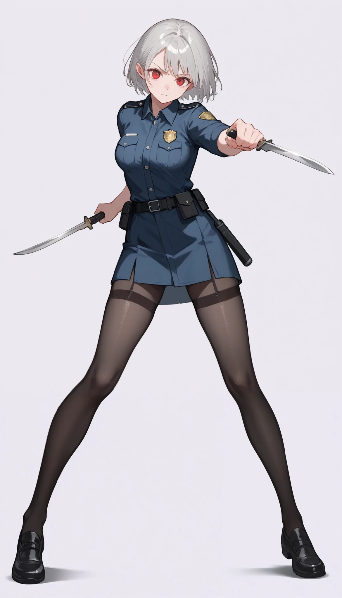 ((masterpiece)), (best quality), 1girl, solo, Simple background, temptation, delicate face, handheld dagger , Battle Pose , full body, silver short hair, long sideburn, red eyes, Disdainful Eyes, Black Stockings, Damaged black police uniform, medium breasts, style: midjourney, white background, two-point perspective , Impact footage,motion blur,depth of field, closeup