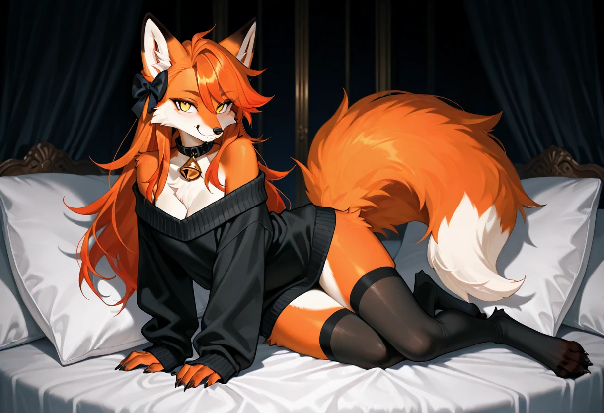(((holding a poster in his hands escrito "Welcome"))), ((written Welcome) facing the camera, best qualityer, masterprice, 1 girl, raytracing, face detailed, 8 k wallpaper, (high resolution), ssmile, breasts big, Transparent underwear, Buttocks, lying on a bed, long  hair, Stockings, lace trim panties, legs spread open, holding a poster in his hands, animal ears, bangss, fox ears, gazing at viewer, fox tail, へそ,