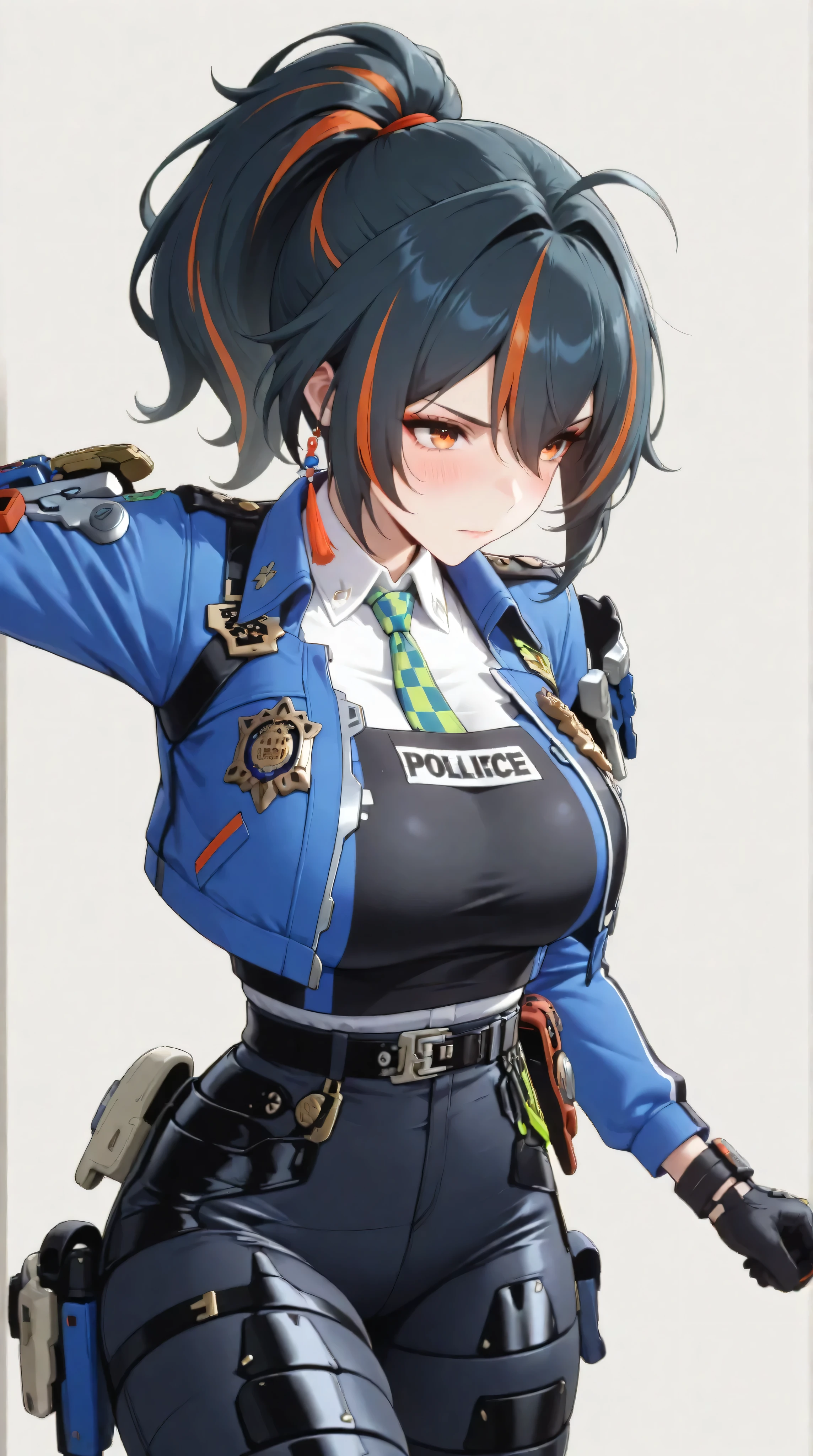 masterpiece, extremely detailed,perfect skin texture,4k,solo,1girl ,zhu yuan,ambarassed,stand up,sexy pose,ponytail streaked hair,blush,police uniform, blue jacket, cropped jacket, long sleeves, black vest, two-tone vest, black gloves, green necktie, plaid necktie, black pants, high-waist pants, belt, thigh straps, knee pads, holster, tight pants, blue footwear,mature,sexy legs,perfect body,large breasts,high detailed, best quality, upper body, photography,cowboy shot,((white plain background))
