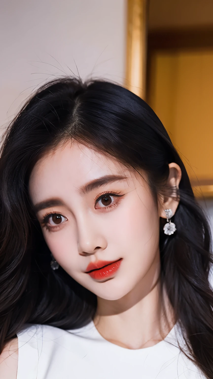 Ultra HD resolution,artistic photos,21year girl,earrings,long hair,Cold white skin,E cup,show out ,messy hair , messy hair ,Ruddy face,dress less