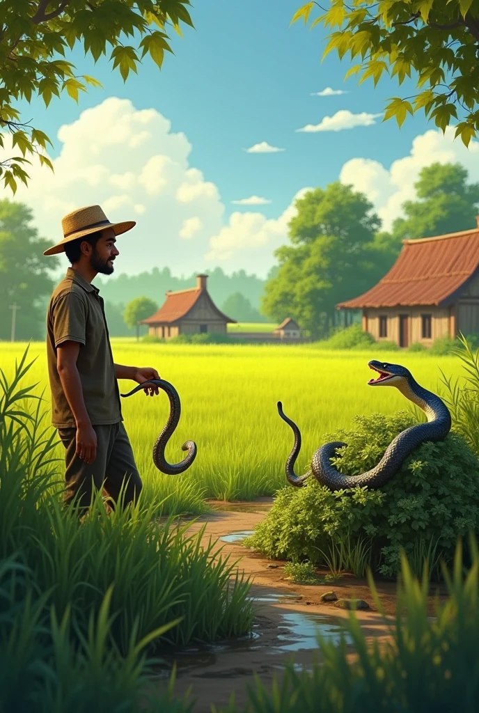 A farmer with a boy and a girl were planting rice in the rice field when suddenly a snake bit the farmer.