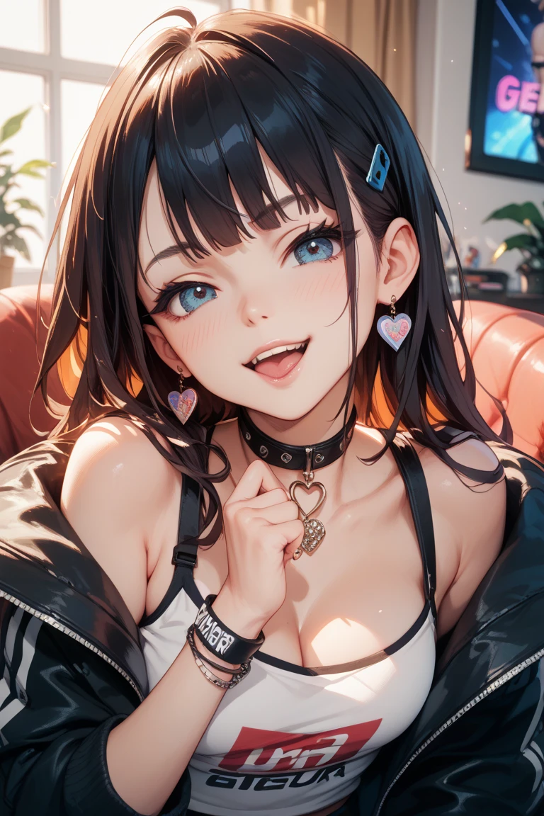 ollarbone,black t-shirt,off-shoulder look,bare shoulder,midriff peek,micro shorts,open mouth,tongue out,cum on tongue,Black sofa,sit,Selfie,looking ahead,from above,flont view,upper body,(1girl,Beautiful 14 year old girl),((Slender,Small breasts,Small face,)),looking at viewer,Black Hair,bangs,one side up,Beautiful and detailed,Mischievous smile,Hotel Rooms,