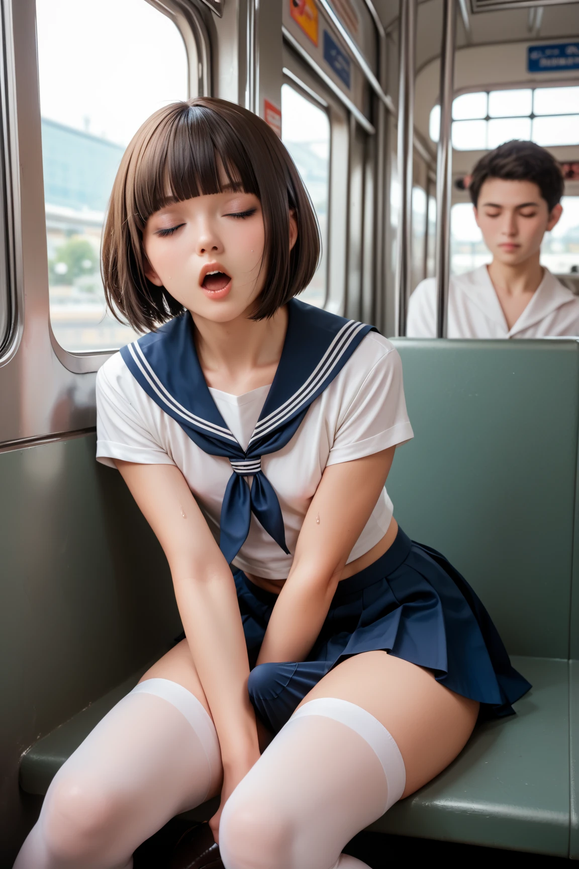 top-quality、lighting like a movie、1 High School Girl、On the train、straps grabbing、Head down、Stand and open your legs、full of sweat、Ecstasy、Functional expressions、closing eye、A dark-haired、Pee from the crotch、(((pee stain)))、a sailor suit、white panties、(((Semen stain)))、
