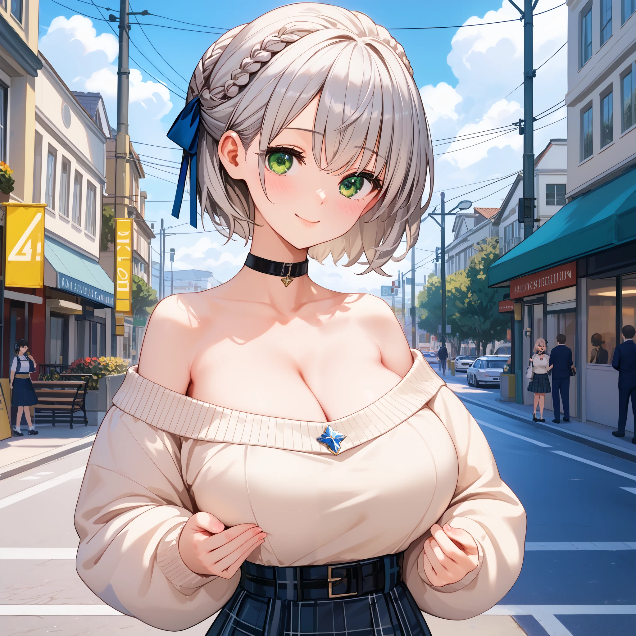 4k anime style, Smooth anime CG, 8k anime, Best quality, High resolution,Superdetail,Perfect light,high resolution, best quality, Accurate, Anatomically Correct, Best Quality, Masterpiece, Award Winning, perfect hands, perfect fingers, Very detailed CG,Young anime girl, light skin tone,ccnoel,silver short hair,green eyes, french braid, hair ribbon,collarbone,large breast,Beautiful waist short stature, embarrassing,black choker, collarbone, cleavage, off-shoulder sweater, white sweater, plaid skirt,on street,blush,little smile,on bedroom