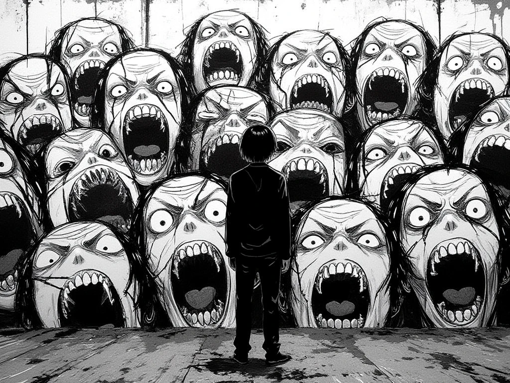 African tribe, (anime), bizarre scenario, This is Junji, Yusuke Murata, black and white, 8K, anime, horror
