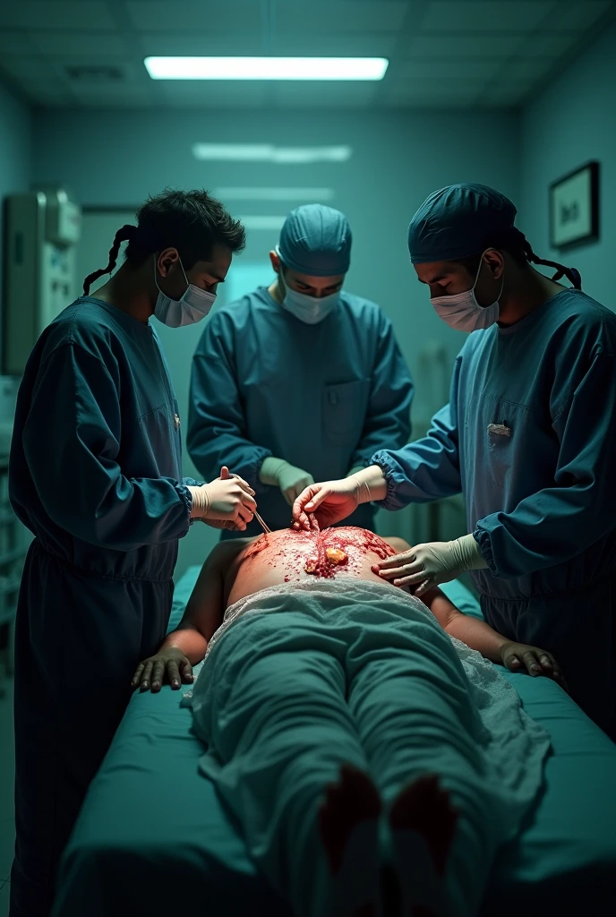 Title: Aerial View of Surgeons in Operation: Eerie Atmosphere

Description: Generate an image portraying an aerial perspective of men in white coats performing surgery in a dimly lit environment. The scene should depict a surgical theater with a somber ambiance, characterized by subdued lighting casting shadows across the room. From the overhead view, surgeons in their white coats should be seen gathered around the operating table, deeply engrossed in the surgical procedure. The surgical team's focused expressions should be illuminated by the glow of surgical lights, highlighting their precision and concentration. The overall mood should evoke a sense of intensity and solemnity, as the medical professionals work diligently in the dimly lit operating room.