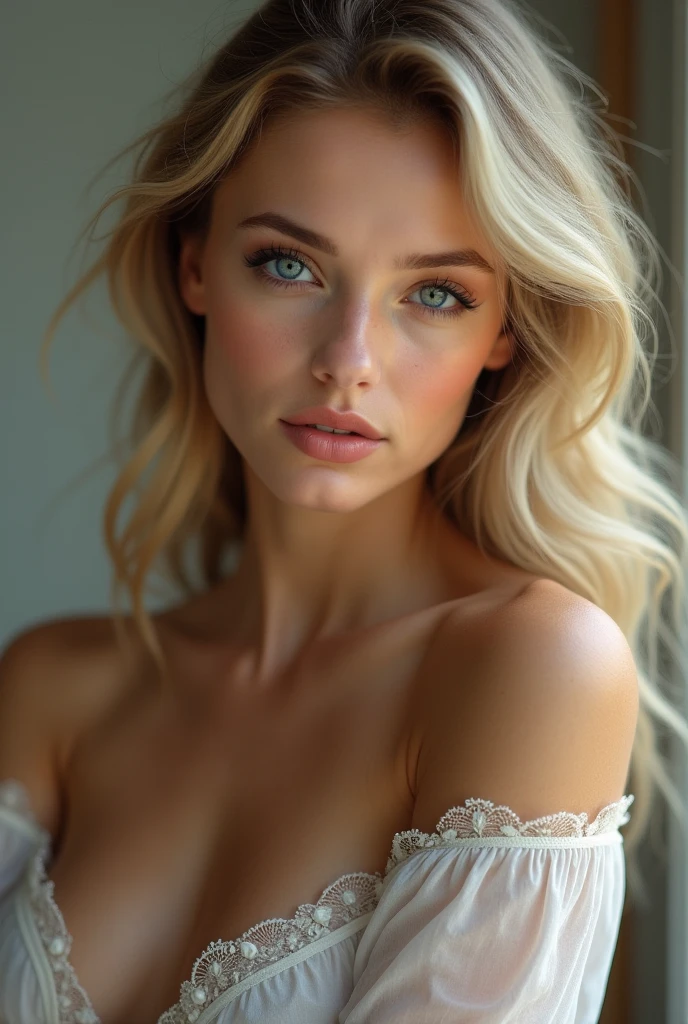 Realistic photo, A beautiful blonde young maid sexy girl, soft smile, perfect lips, cleavage.