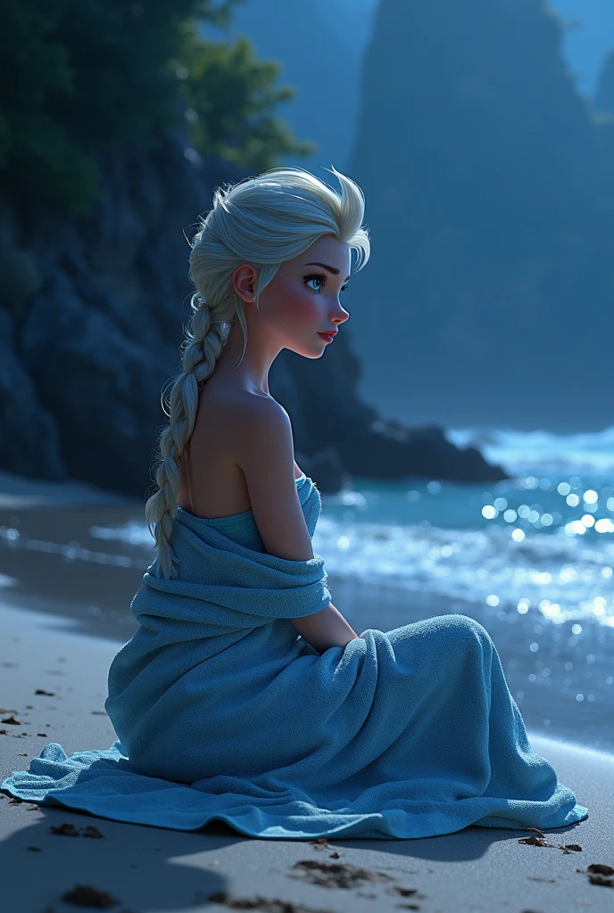 A photorealistic image of Elsa from Frozen, with her iconic platinum blonde hair and sparkling blue gown, seen from the front as she kneels on a sandy beach. She is using both hands to pick up a black garbage-filled polythene bag, looking sad. In the background, soft blue ocean waves gently crash onto the shore with white foam.