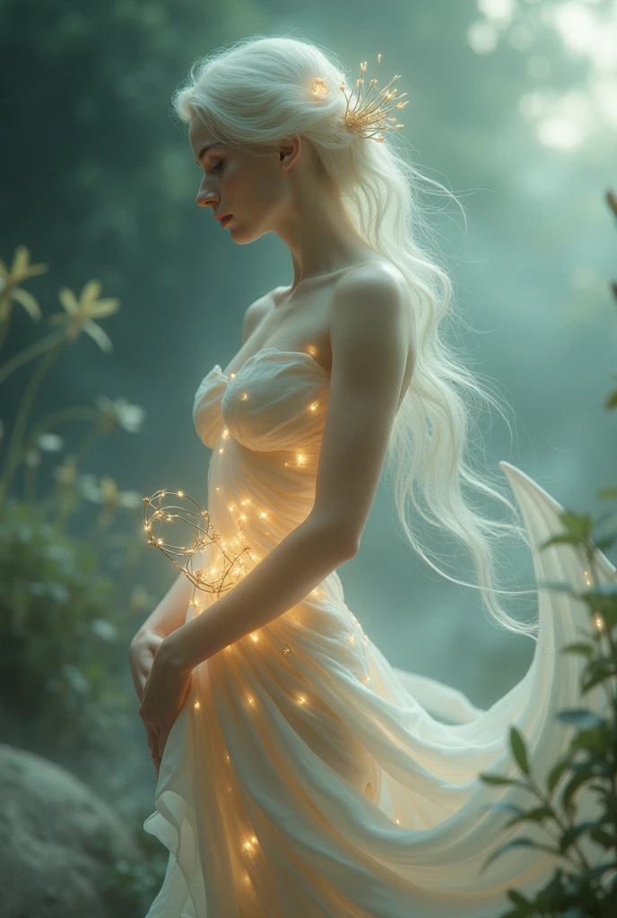 Latina goddess, in a long transparent gossamer white gown, blonde braided haibreast, large toned boot, nighttime, full moon, , glowing, glimmer, golden ratio, detailed, high quality, vintage photography, beautiful, tumblr aesthetic, retro vintage style, hd photography, hyperrealism, hyper detailed, cinema 4d, national geographic photo, hyperrealism, radiant, detail
