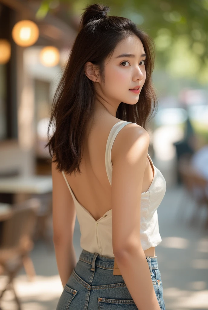 ((top-quality、8K、masterpiece: 1.erfect Body Beauty: 1.4、Slender Abs: 1.2、Beautiful woman with slender abs:1.3、(Highlight Haircutreast B Cup:1.2),((black underwear )), (((white skirt ))), necklace, hyperdetailed face、18year old、 Pretty women、(Dark brown short-cut hair), Slim Face、Highly detailed facial and skin texture、very detailed lips、opens legs、top-quality、masterpiece、超A high resolution、(Photorealsitic:1.4), back view, long shot , (in park with blur background), bright background, sunset light,