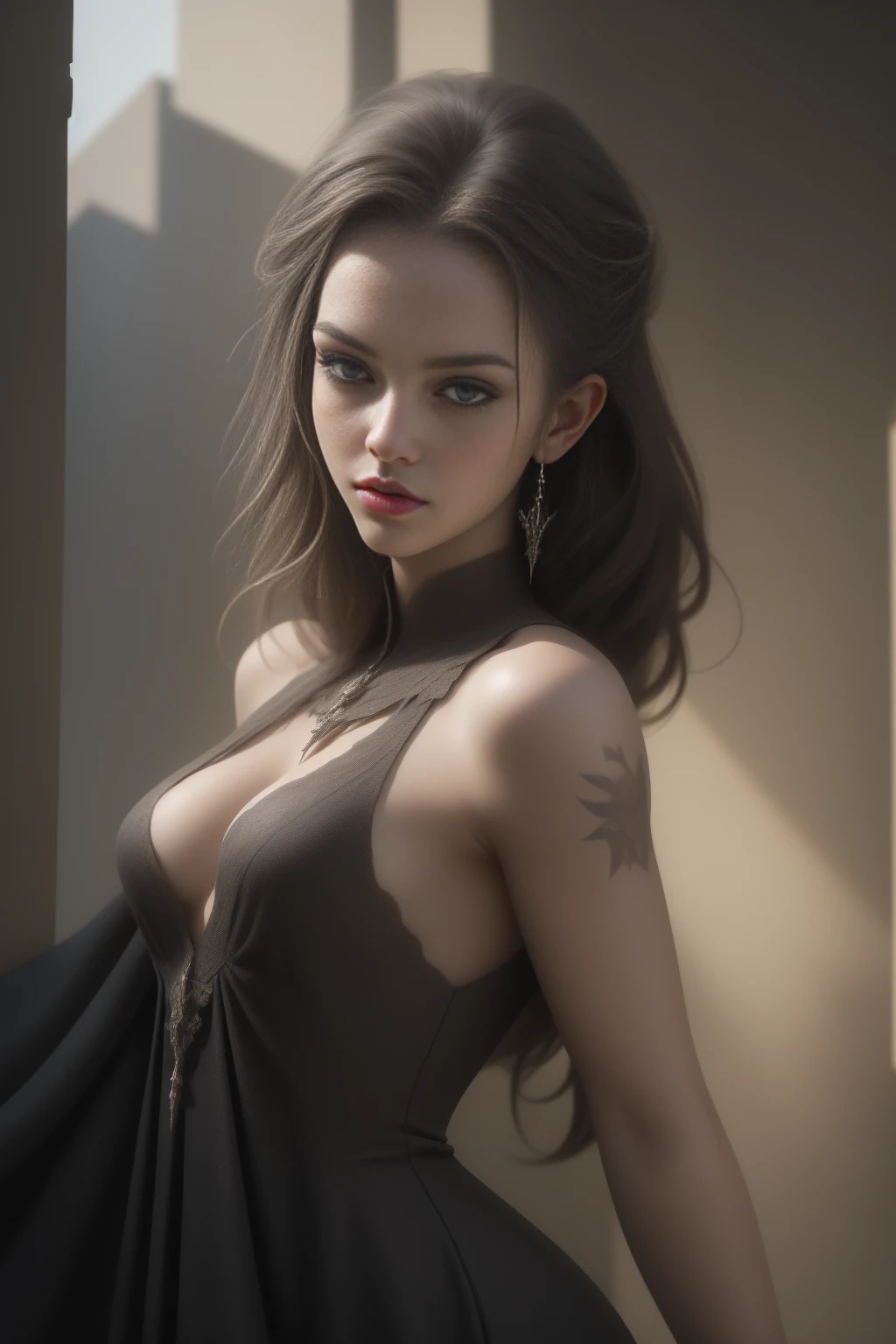 A young androgynous woman. Very short dark-brown hair. Manly haircut. Sides shaved. Undercut. Very pale skin with freckles and liverspots. Slim. Small chest. Long thick legs. Big hips. Wide forehead. Upturned eyes. Dark-brown eyecolour. Thin barely visible eyebrows. Long wide nose. Curved lips. Round soft face. Round soft chin. Long neck. Kind. Friendly. Happy. Wearing a revealing robe of a dark priest. Background: A beautiful colourful landscape with mountains in the back.