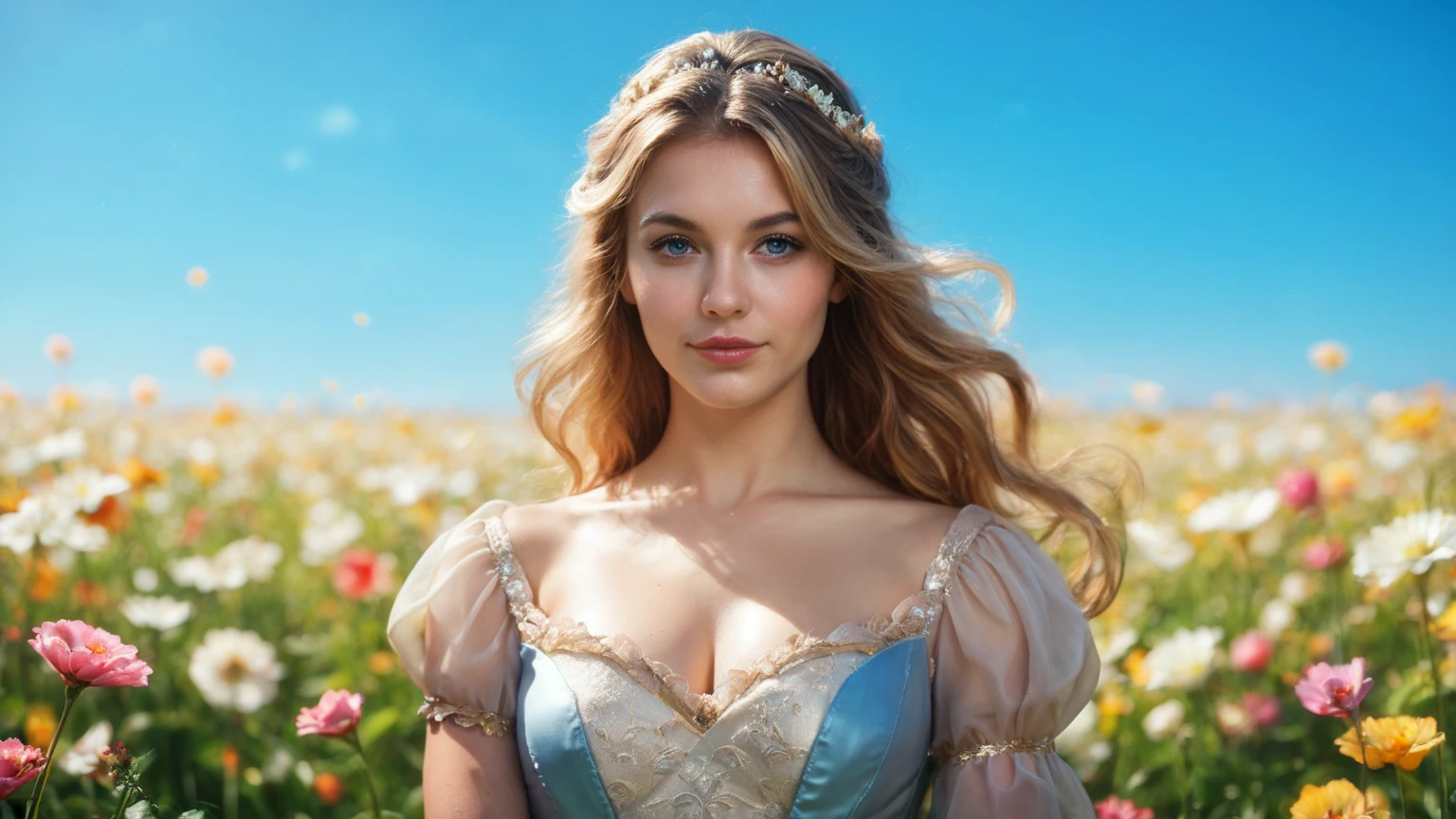 (a beautiful woman in a stunning gown of flowing silk with a radiant smile and captivating eyes),vibrant colors,highres,ultra-detailed,sharp focus,soft lighting,realistic,fantasy-inspired,portraits,subtle color palette,ethereal glow,fairytale,graceful,pastel shades,enchanted garden,lovely flowers,twinkling lights,whimsical ambiance