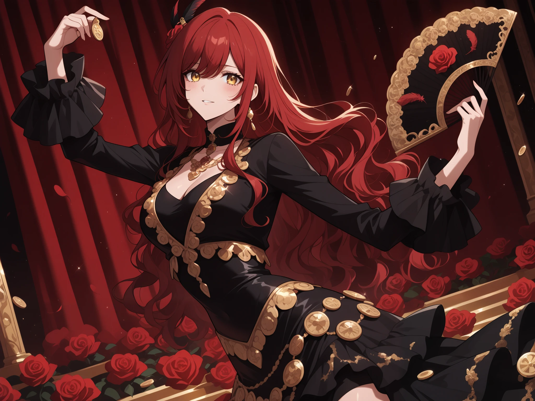 1 woman, golden eyes, red hair, long hair, long sidelocks, wavy hair, elegant flamenco dancer, holding a black fan with roses and red feathers in her right hand, wearing a black  and gold dress decorated with shiny gold coins, in her hair a red rose, hair ornament, her facial expression is intense and passionate, dancing gracefully, background is a warm and atmospheric backdrop reminiscent of a traditional Spanish stage, looking at the fan