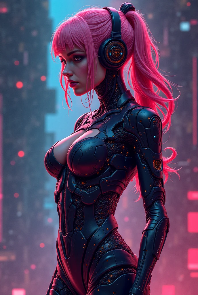 seductive female,Ciberpunk,cabelo longo rosa com pontas pretas, body vermelho escuro com decote baixo, peitos grandes,leggings apertadas, cyber enhancements,Breathtaking digital effects,Dynamic Posture,feroz ,olhar misterioso,dark alley at night,electrical energy involving the character,science fiction aura,design elegante e elegante,meticulous attention to detail,contraste marcante entre o personagem e o ambiente,dramatic lighting,immersive Ciberpunk experience.