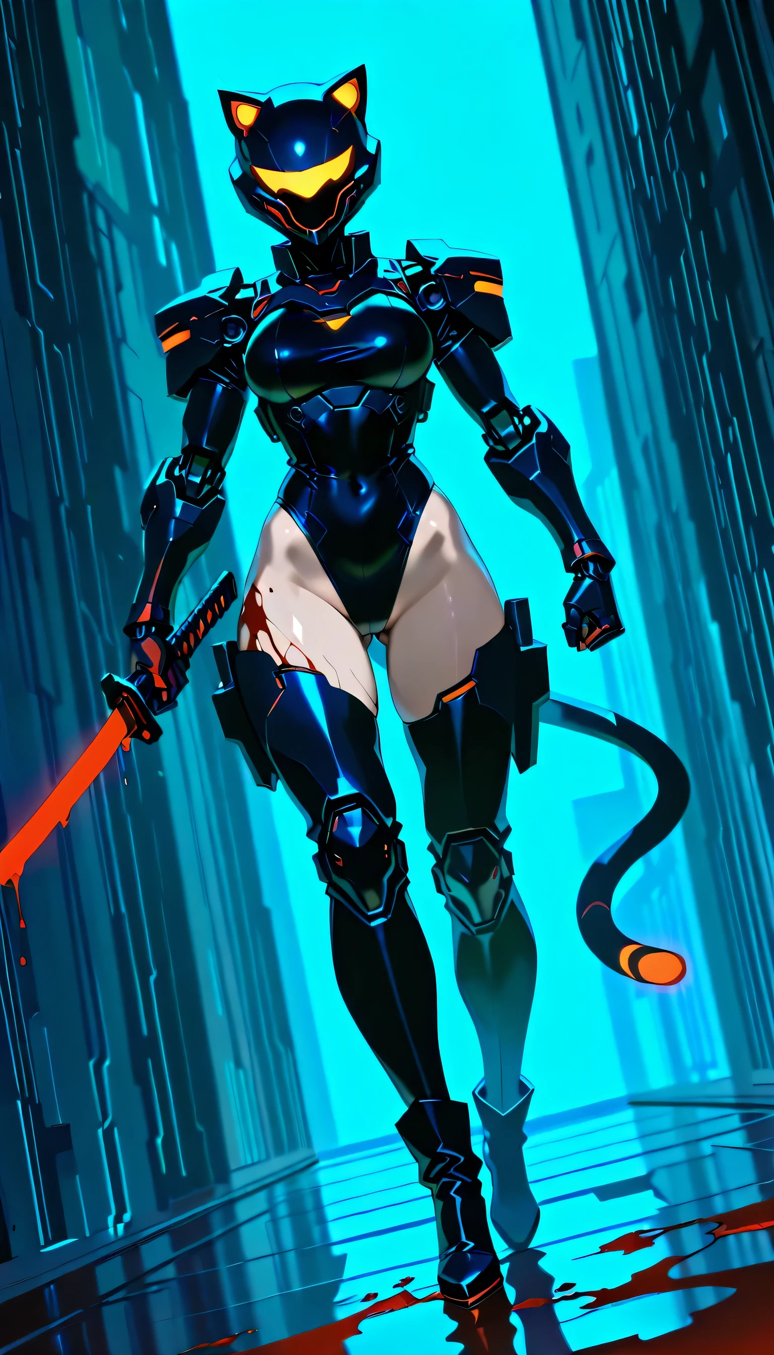 Best quality, masterpiece, (((1girl))), (((solo))), dense cyberpunk city background, dense city street, neon lit street, raining, night time, wet skin, cyberpunk, anime, full-face helmet with cat ears, red motorcycle helmet, red glowing cat ears, hourglass figure, toned body, athletic, skimpy clothing, (((black leotard))), black tactical gear, skimpy tactical gear, black hotpants, (((holding katana))), (((covered in blood))), (((blood splatters))), sexy pose, (((walking towards viewer))), (((view from ground))), (((cats eyes visible in helmet))), black thigh highs, black high heel boots, red and black tactical gear, glowing red katana blade, (((blood dripping from katana))), (((robotic cat tail))), tactical shoulder pads, tactical knee pads, tactical elbow pads, tactical gloves, tactical belt around waist, thigh armor, (((mechanical panel lines on skin))), (((dutch angle)))