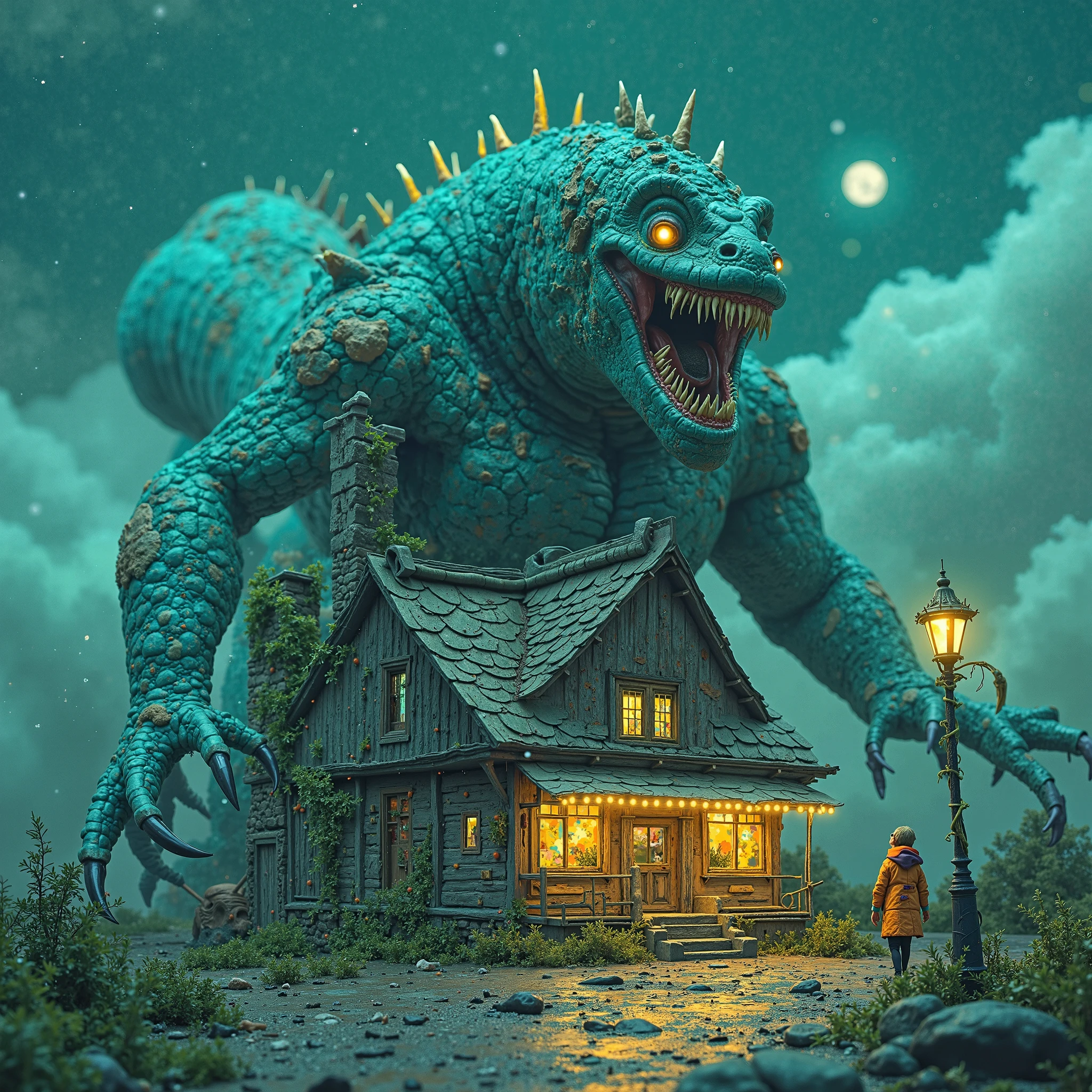 Diorama . Une maison avec des Tours et des Pièces Enchevêtré en Argile Cuite Minutieux Bleu Jaune Nuit . Precise focus : Bokey . Scorie Sillicate Noir Epice et Mousse Vert Salade . A gigantic Mythological Extraterrestrial Predator That Splits Acid Clouds  . Magisterial Dramatic Scene . Ouverture Focal Mythique . Dystopian Green Color Filter . La Tension de la Fiction et le Silence de la Science . A Cool Rebel Redhead Cameleon Camouflage Holo Graphic A Twisted Yellow Jacket Full of Colourful Stickers Full of Colourful Stickers That Plays and Controls the Handle of a Chrome Blade Bats , devant un Ramen Shop Full Bambou . Sky Blue Open Sky . Anime Holographic Colors .  Samouraï City . 