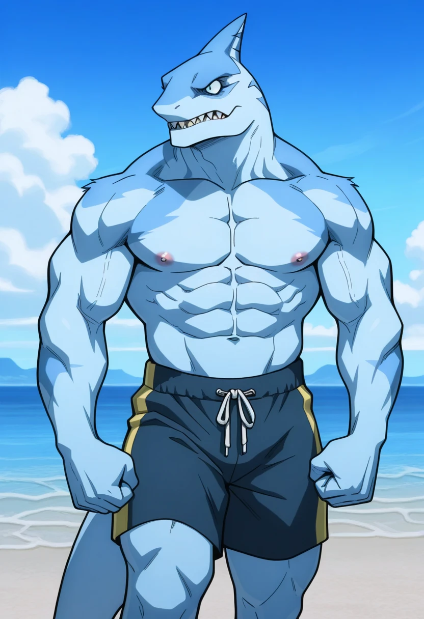 Empty,(shark, finless shark), Humanity,5 fingers, water蓝色的眼睛, blue pants, No clothes on upper body, male, muscular, muscular Humanity, muscular male, Tail, external, plant, light blue body, Ocean, alone, Tree, (water), ,There is a small town nearby,deTailed background,By Ruhu1145,author:Arashi Takemoto,by empty ghost, cold atmosphere, open smile, soft blue blush