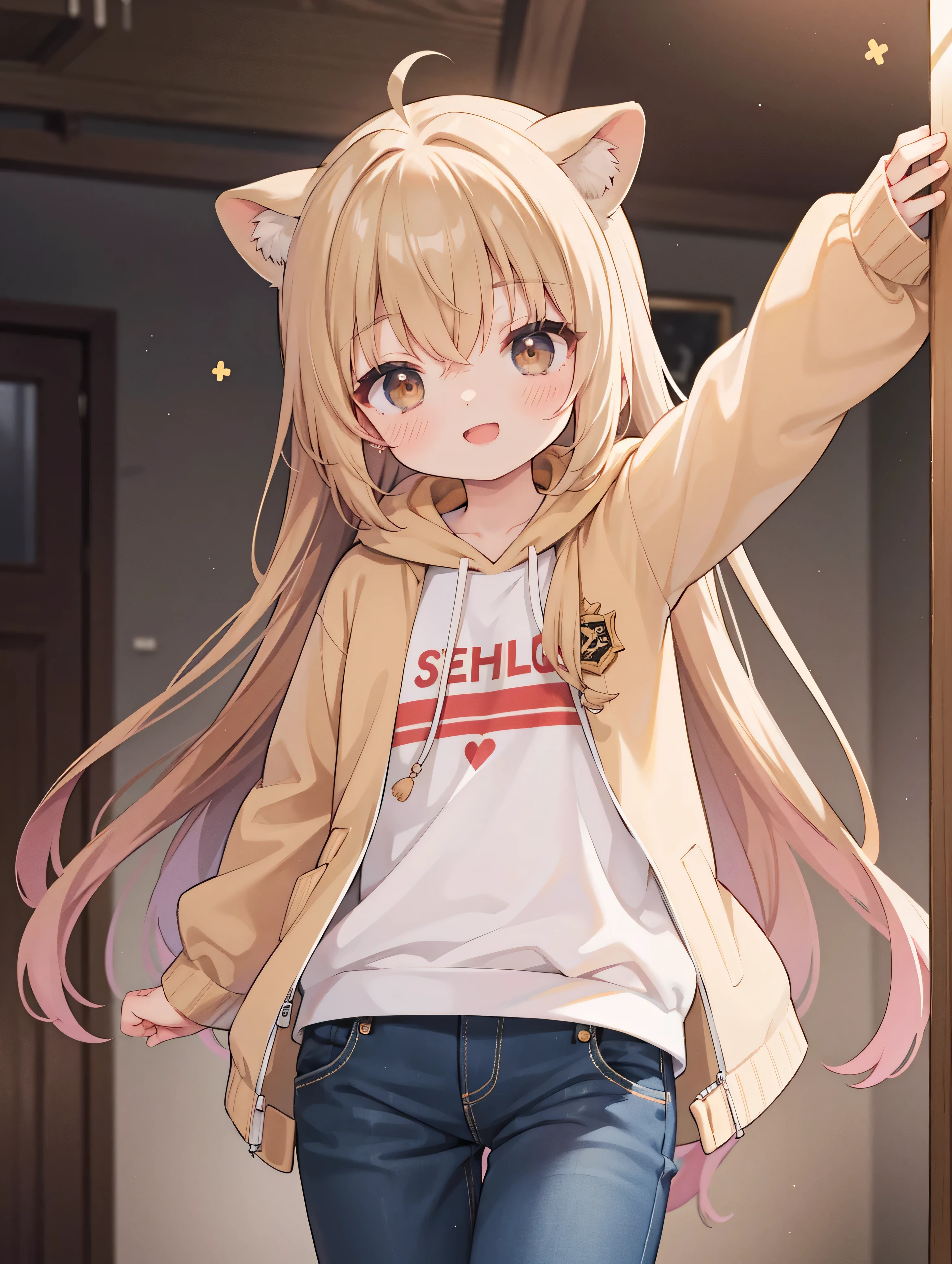 extremely DetailD的 CG unifieD 8k wallpapers, very fine 8kcg-background pictures , Huang Li,aDs on , best quality ,ultra - DetaileD , beautiful face , Meisterwerk、 Meisterwerk, erstklassig, 1 girl in, A girl stanDs, best quality , 1 girl in, ”} The explosion ,allein, Start-up, , ssmile, with an open mouth, smiles sweetly , looks at the viewer , arms stretcheD wiDe, , long light brown hair, longer sleeves ,wears a beige giraffe hoodie mit Giraffenmuster, jeans, Durch Pony,, brown eyes, :D, long dark BlonDe hair, keep hair between the eyes ,aufspringen ,dynamisch, class room backgrounD