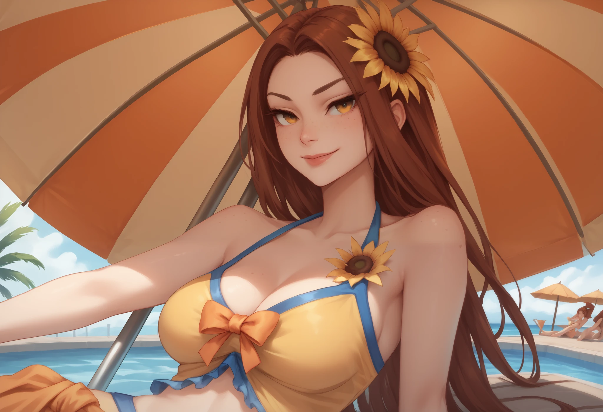 Leona, pool party leona, long hair, brown hair, straight hair, amber eyes, sunflower in hair, blue and yellow bikini, ribbon on bikini, 1girl, large breasts, freckles, under umbrella, warm smile, portrait,