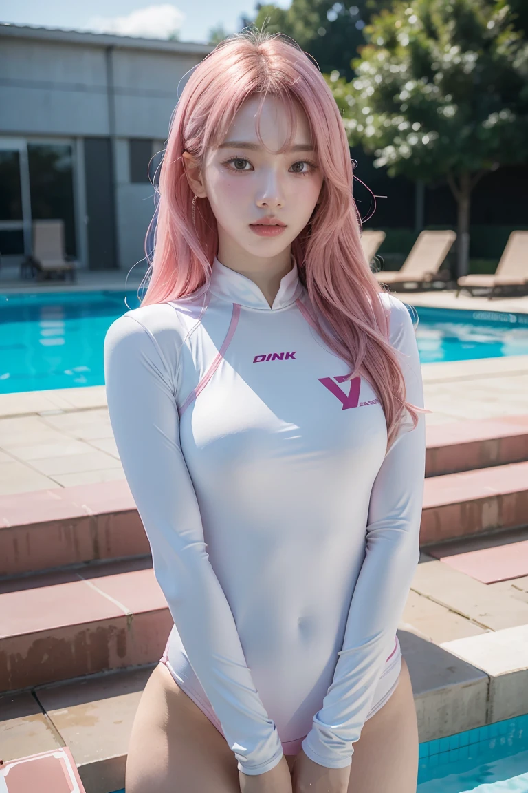 realistic, High resolution, 1 female, glowing skin, alone, wide lips,long hair,wavy hair, hip up,saggy breasts,small face,Anime character cosplay,Cosplayers,Costume costumes,white wall,concrete wall,background white,white hair,Color Contacts,Asuka from Evangelion