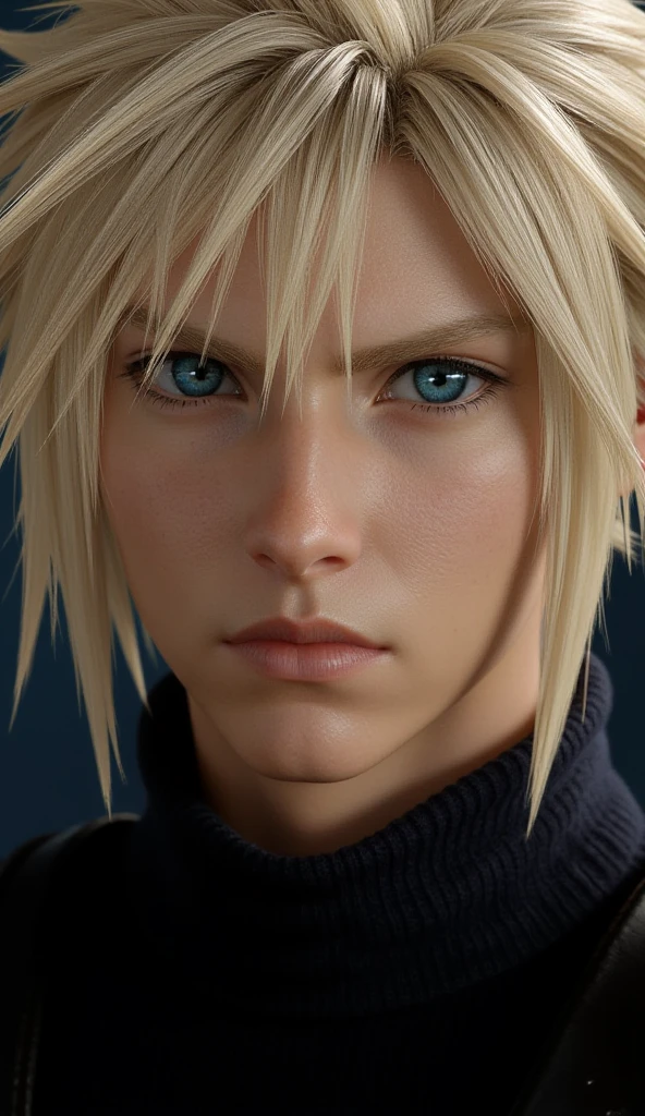 cloud strife, blue eyes, Serious, very close up