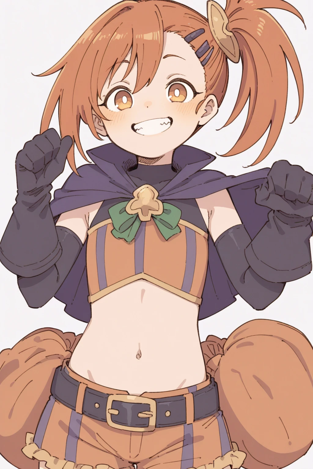 shorts, thin body, orange hair, short hair, side pony tail, big droopy eyes, light orange eyes, {orange leotard}, black breastplate, black cloak, brown boots, orange gloves, brown belt, cute, high quality