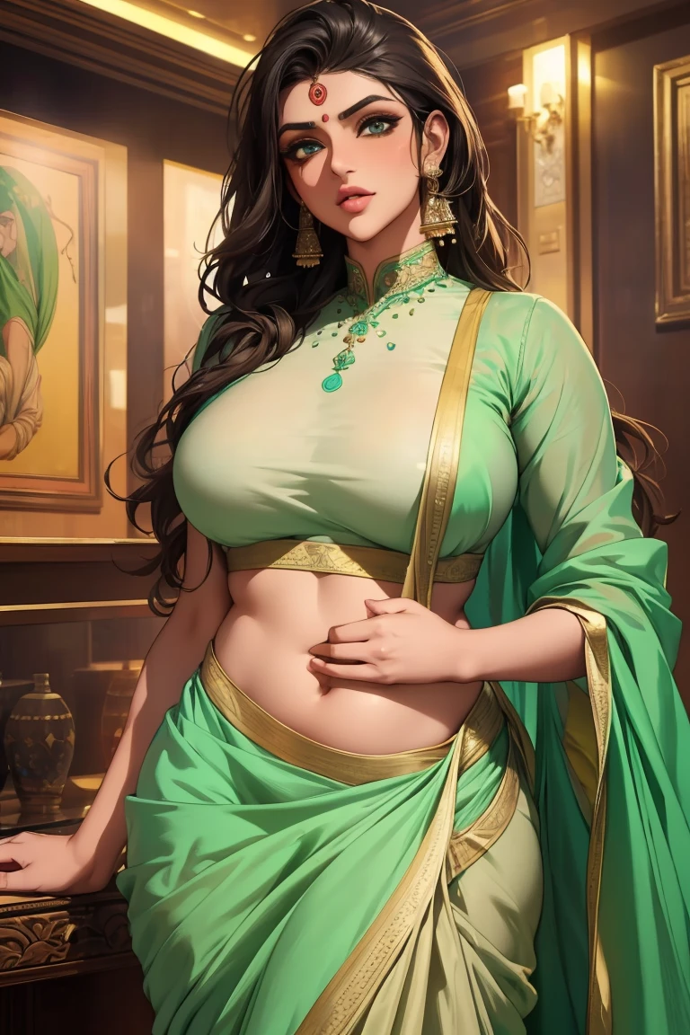 Create a captivating visual representation of Goddess Lakshmi ji, the divine beauty, with her enchanting curves and an alluring aura. Emphasize her voluptuous, ample figure, accentuating her big and saggy, yet majestically beautiful H-cup breasts and her prominently round and plump ass cheeks. Experience the divine sensuality of her revealing skin form her extremely tight orange,white, green tri colour saree, radiantly shining in ultra HD 8k realistic image. Adorned with gold and adornments, she continues to mesmerize with her radiant beauty and captivating presence.
