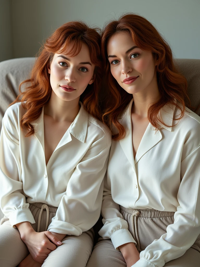 a photo of a seductive woman with loose styled redhead hair, posing in bright bedroom, she is wearing Button-up Shirt and Trousers, she is lesbian, perfect body, ultra realistic, a lot of details, so much realistc, intricate details, goosebumps, flawless face, shy, prude, (light freckles:0.9), ((photorealistic):1.2), raw