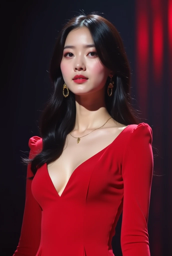 una mujer con un vestido rojo y un cinturón rojo camina por la pasarela ojos color cian, Lalisa Manobal, Lalisa Manoban de Blackpink, tono rojo fuerte, janice cantado, pelo largo con flequillo completo, en rojo carmesí, red hue, sha xi, jossi de blackpink, colores rojos intensos, vistiendo traje rojo, Bae Suzy, Inspirado por Liu Haisu, Físico : el abdomen más pequeño jamás visto, jisoo from blackpink, popular south korean makeup, quality detailed ,(beautiful makeup :1.2), Wide hips, big, big ass, (best quality, 8K, masterpiece: 1.3), Clear focus: 1.2, Perfect body beauty: 1.4, strong abs, Very detailed face and skin texture. , detailed eyes, double eyelids, (long hair), having very marked curves, with greater volume in ((hips and breasts)), which makes the waist look much smaller ((wasp waist))     