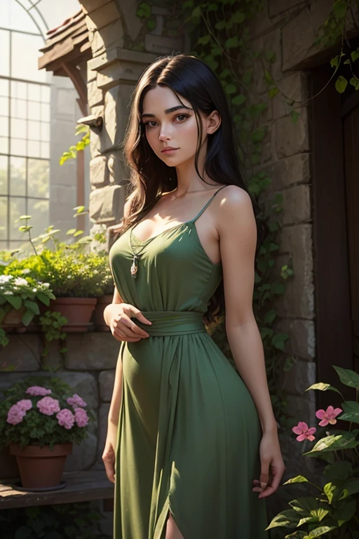 a painting of a woman in a green sundress and hat by WLOP, cgsociety, fantasy art, wlop painting style, realistic cute girl painting, cgsociety 9
