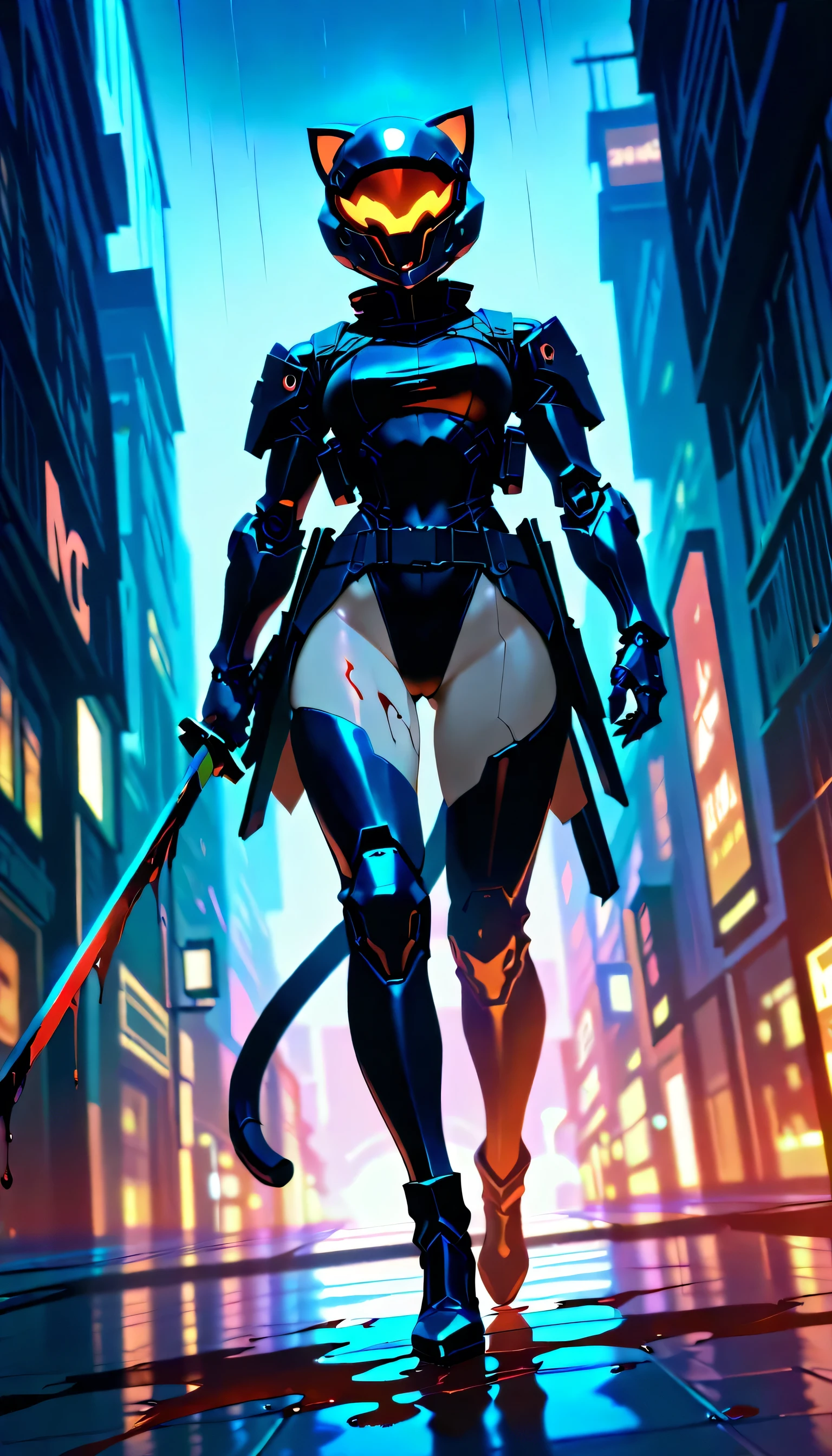 Best quality, masterpiece, (((1girl))), (((solo))), dense cyberpunk city background, dense city street, neon lit street, raining, night time, wet skin, cyberpunk, anime, full-face helmet with cat ears, red motorcycle helmet, red glowing cat ears, hourglass figure, toned body, athletic, skimpy clothing, (((black leotard))), black tactical gear, skimpy tactical gear, black hotpants, (((holding katana))), (((covered in blood))), (((blood splatters))), sexy pose, (((walking towards viewer))), (((view from ground))), (((cats eyes visible in helmet))), black thigh highs, black high heel boots, red and black tactical gear, glowing red katana blade, (((blood dripping from katana))), (((robotic cat tail))), tactical shoulder pads, tactical knee pads, tactical elbow pads, tactical gloves, tactical belt around waist, thigh armor, (((mechanical panel lines on skin))), (((dutch angle)))