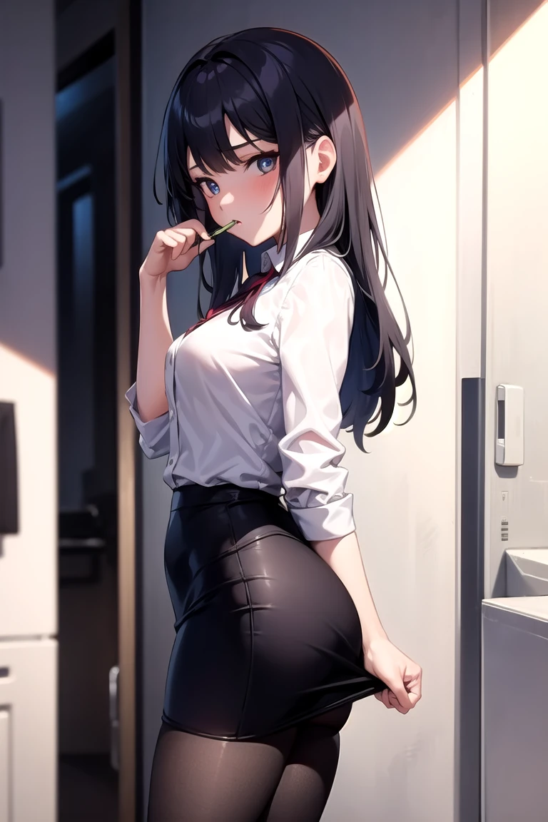 1lady,solo,cute,looking back from behind,casual shirt pencil skirt pantyhose,Belted Skirt,black hair,blush kind smile,in office