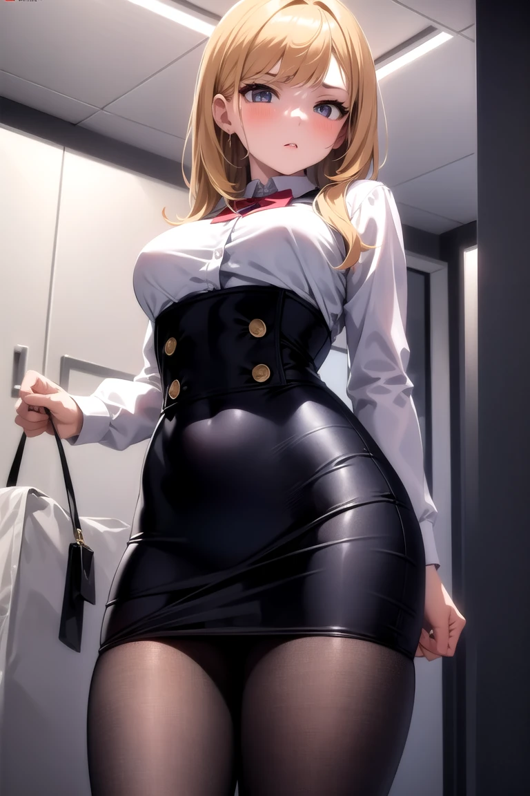 Create an anime girl with a black miniskirt, white underwear black stockings with a white blouse with suspenders, blonde with green eyes, wide hips and big breasts in a luxurious office setting