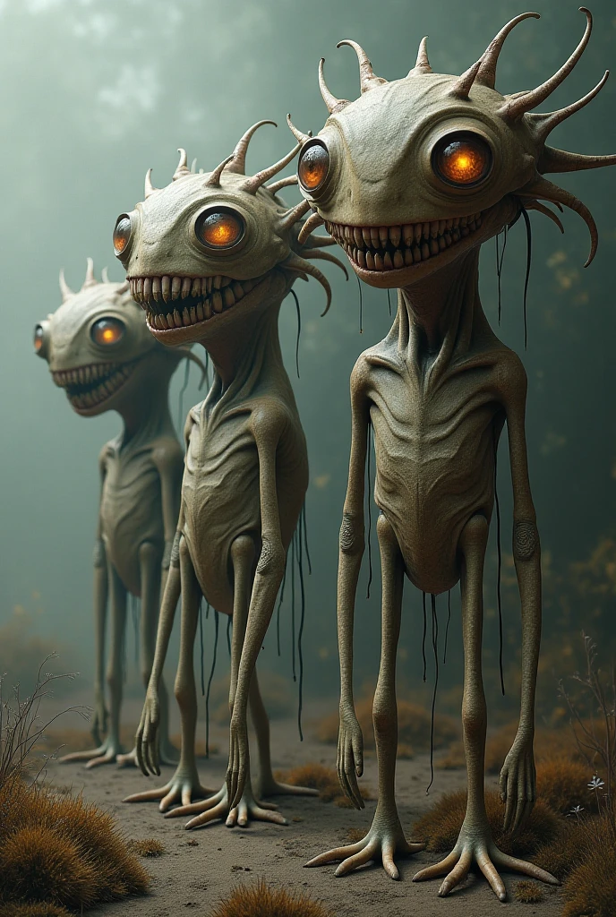 Anime style drawing of grotesque creatures with yellow gems on their bodies